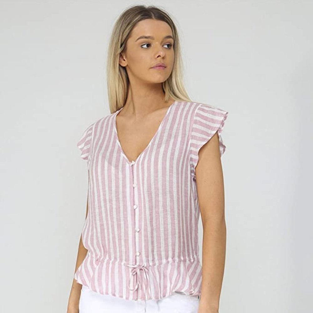 Rails Bretton V Neck Ruffle Short Sleeve Tie Waist Peplum Hem Front‎ Button Top